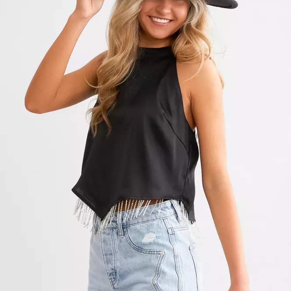 (Xs) NWT Blue B rhinestone fringe top
